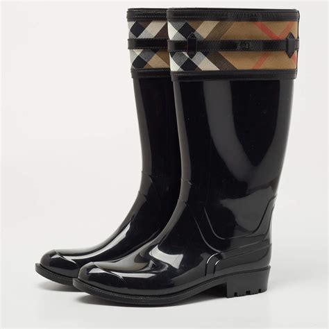 burberry rainboots crosshill housecheck check knee high black|Burberry Crosshill HouseCheck RainBoot Black 36 .